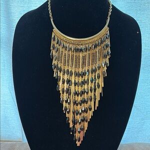 Gold and Black Cascading Fringe Statement Necklace